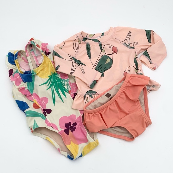 Tea set of two Floral and Bird Print baby girl bathing suits 3/6 6/9 months - Picture 1 of 13